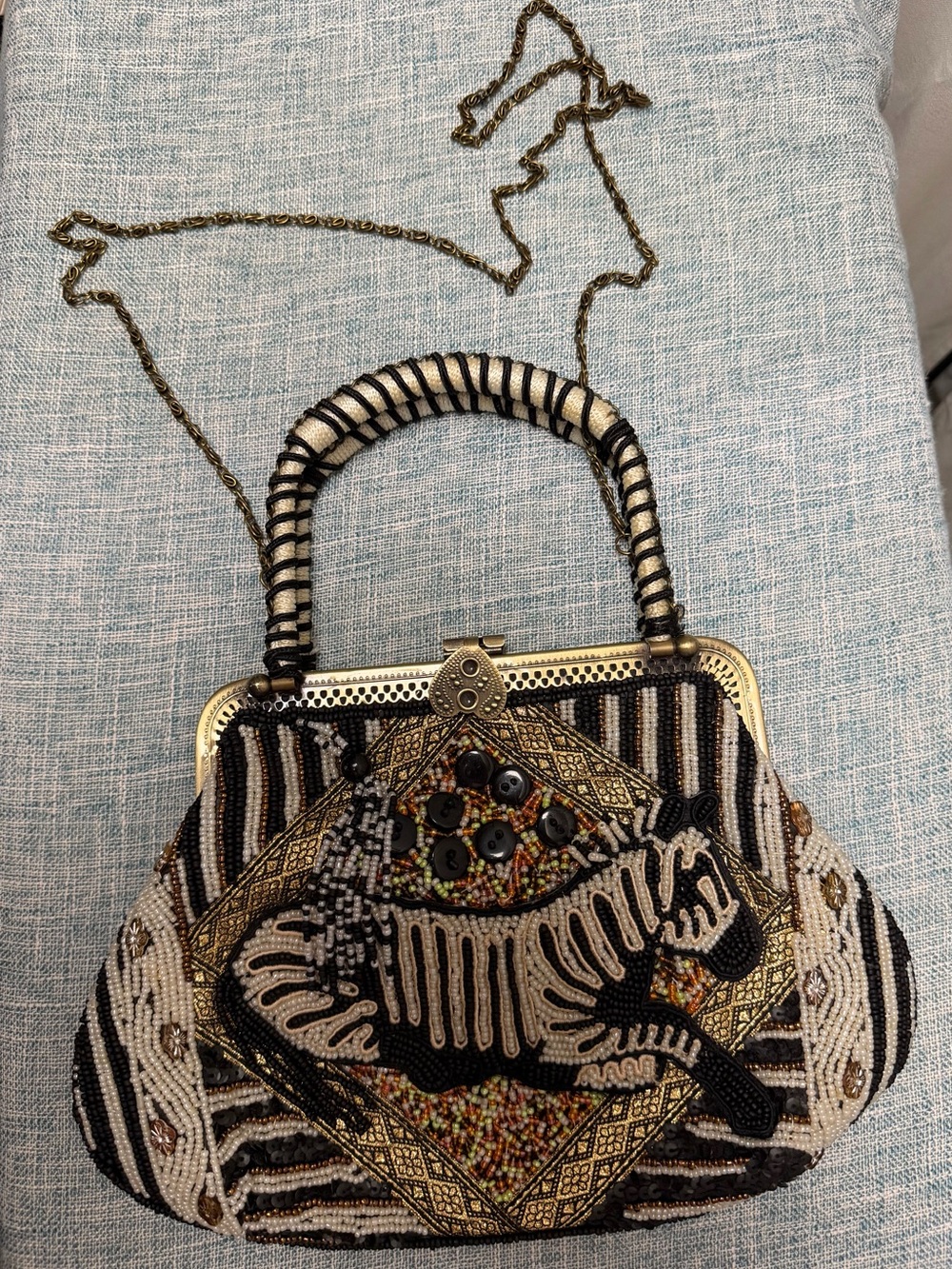 Coldwater Creek Vintage Beaded Zebra Accent Top-Handle Bag in Black & Cream